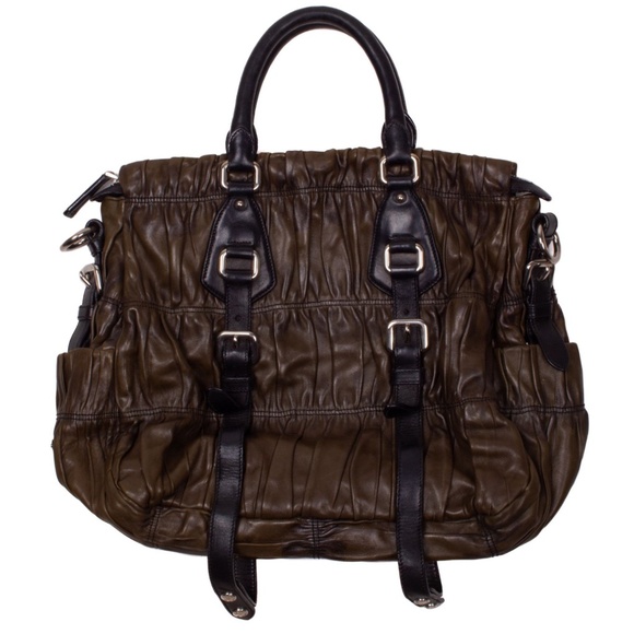 PRADA Nappa Gaufre Dark Green Leather Satchel Bag - Picture 1 of 8